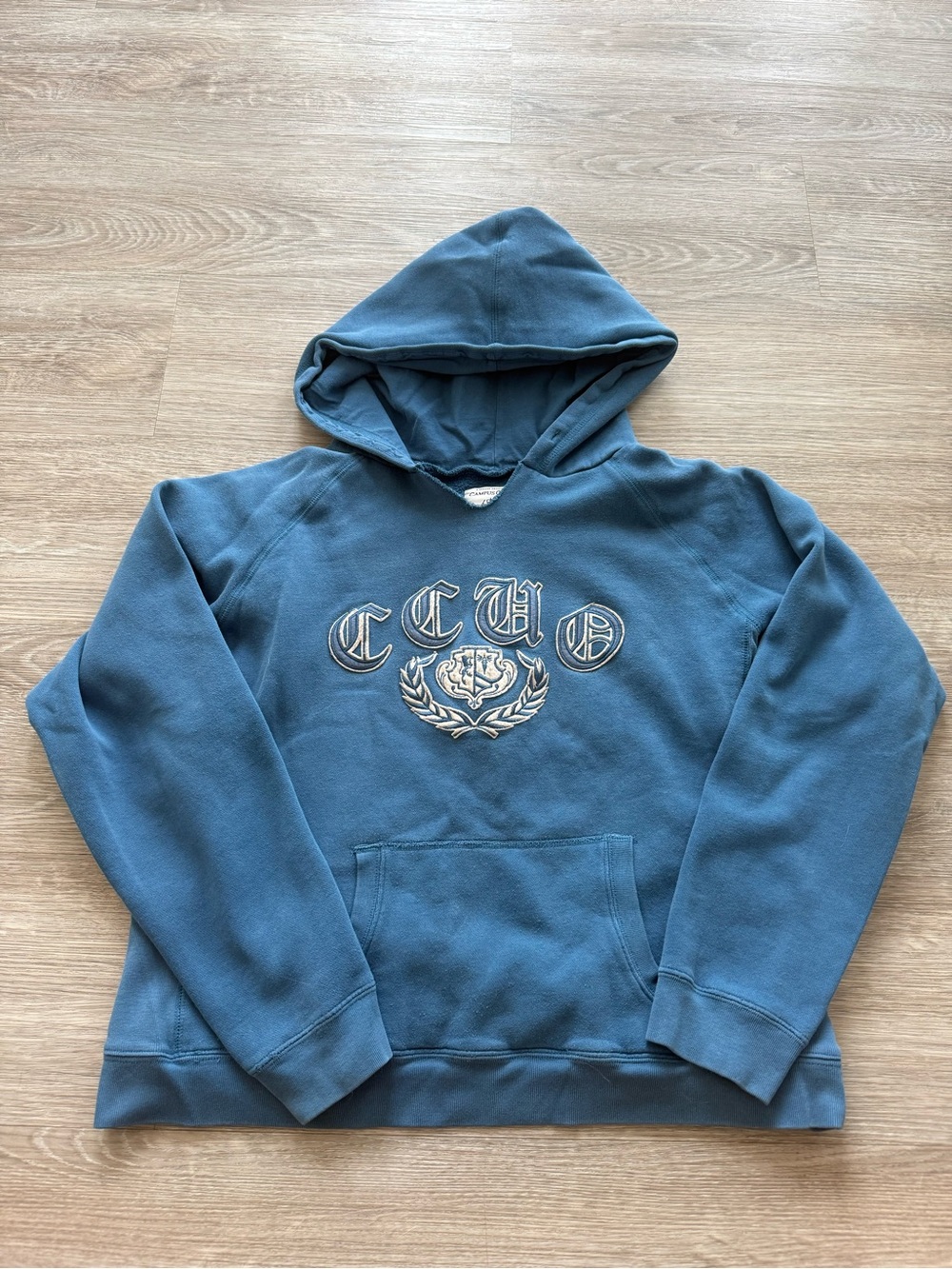 Blue Hooded Sweatshirt with Embroidered Crest - Campus Crew